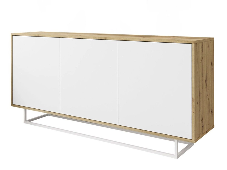 Dreitürige Kommode 154 cm im Loft-Stil auf weißem Gestell – Vivance, Weiß matt & Eiche Artisan