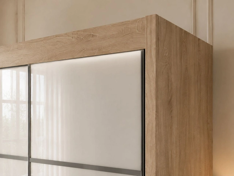 Schiebetürenschrank mit Sprossen 150 cm mit LED-Beleuchtung Ponti Eiche Sonoma, Weiß