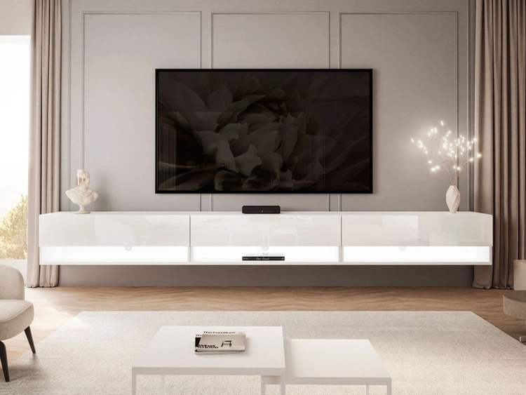 Hänge TV-Schrank 270 cm für Wohnzimmer mit LED-Beleuchtung Aurelie Weiß Hochglanz