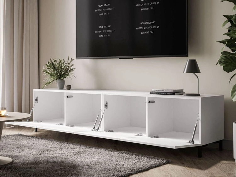 TV-Lowboard mit Türen auf Schwarzen Beinen 200 cm Nodoo Weiß Hochglanz