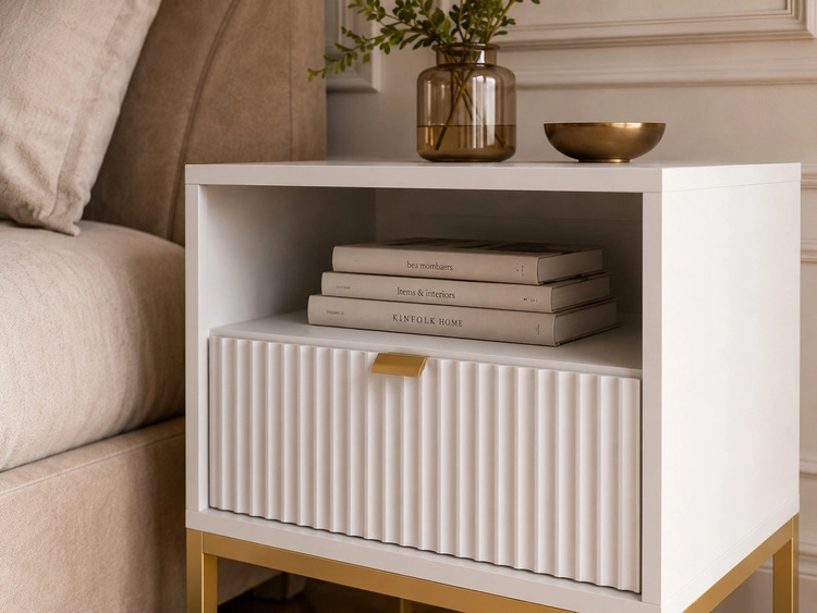 Nachtschrank mit Schublade Amber Weiß, Gold Frame