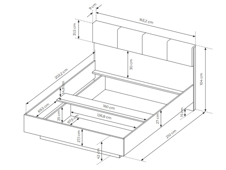 Holzbett mit Kopfteil 160x200 Turia Eiche Artisan, Anthrazit