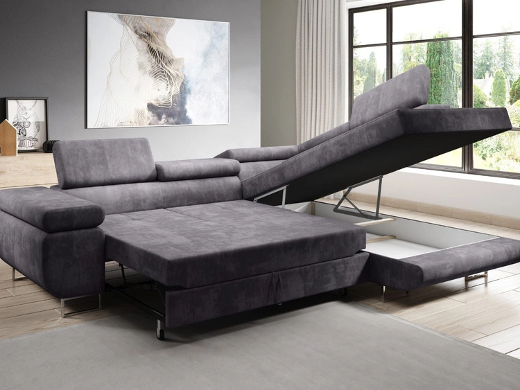 Ecksofa L-Form Rechts mit Schlaffunktion und Bettkasten Solam L Dunkelblau