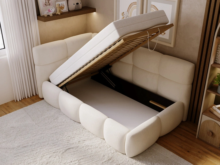 Gepolstertes Jugend-Einzelbett mit Bettkasten und Holzrost 90x200 Modo One Rechts Beige