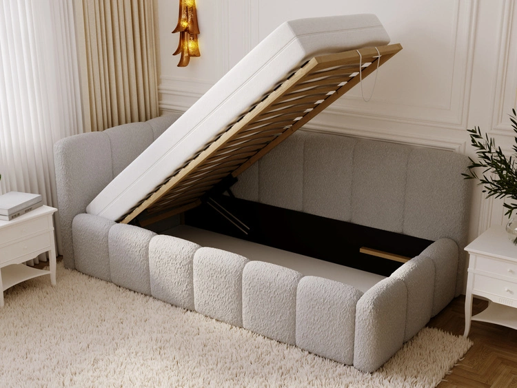 Jugendbett Einzelbett mit Bettkasten und Lattenrost 90x200 Cloud One Grau Bouclé-Stoff