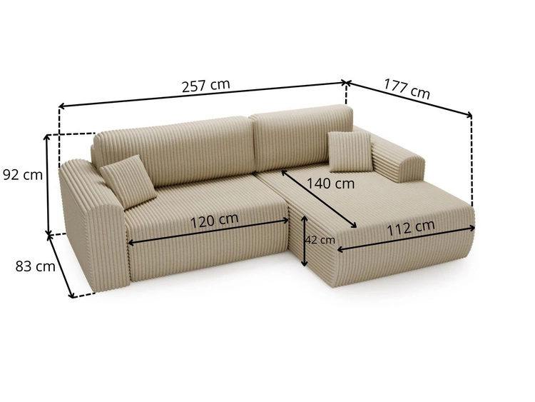 Ecksofa mit Schlaffunktion und Bettkasten Belvio rechts Creme