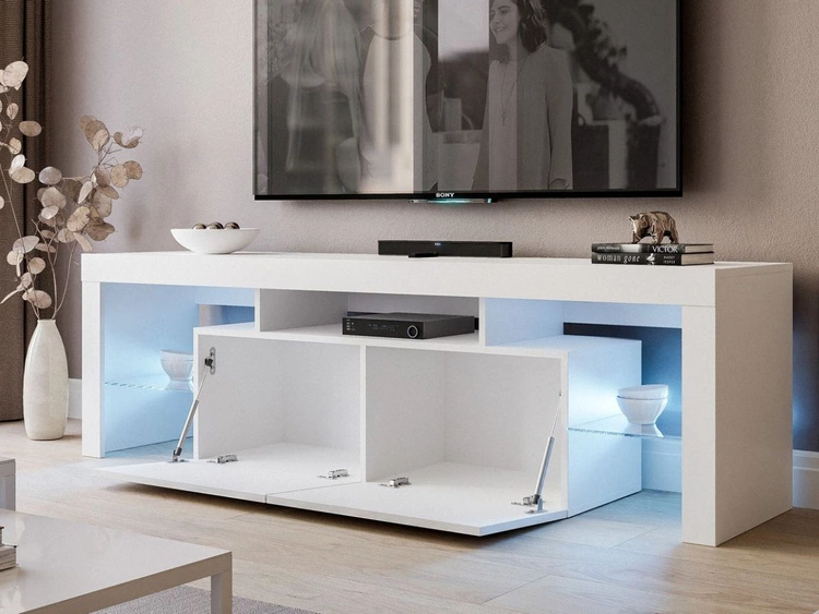 TV-Lowboard mit Türen und Aufsatz 150 cm Nodoo Weiß Hochglanz
