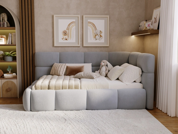 Gepolstertes Jugend-Einzelbett mit Bettkasten und Holzrost 90x200 Modo One Links Grau