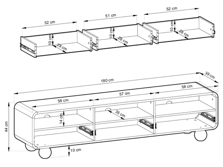 TV-Lowboard 180 cm mit Schubladen auf Kugelfüßen Soffio Kaschmir