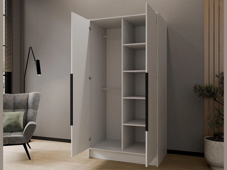 Kleiderschrank 100 cm Perugia Weiß mit schwarzen Griffen