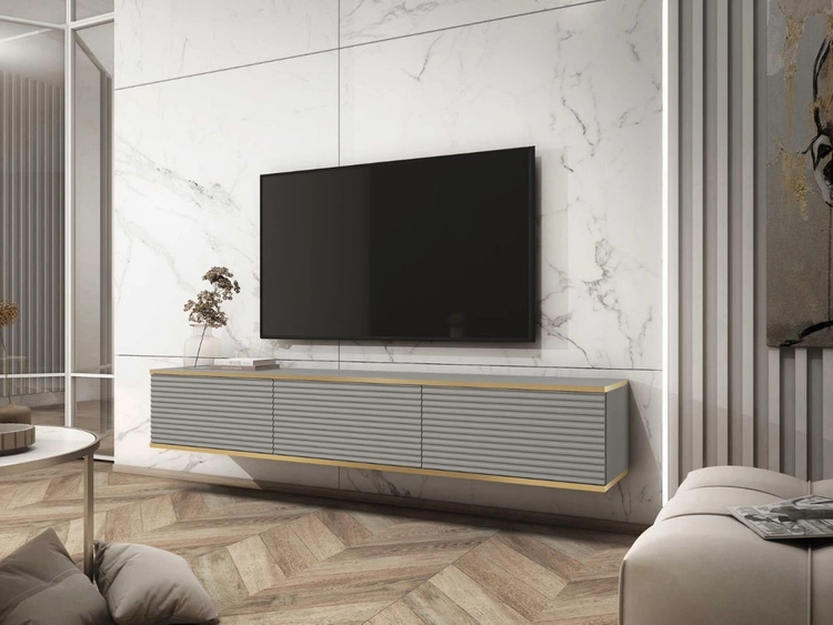 TV-Lowboard Hänge mit Türen 175 cm Diolo Grau mit geriffelter Vorderseite