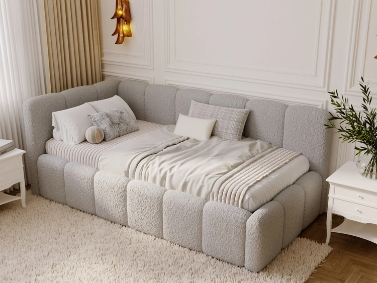 Jugendbett Einzelbett mit Bettkasten und Lattenrost 90x200 Cloud One Grau Bouclé-Stoff