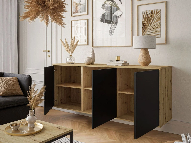 Dreitürige Kommode 154 cm im Loft-Stil auf schwarzem Gestell – Vivance, Schwarz matt & Eiche Artisan