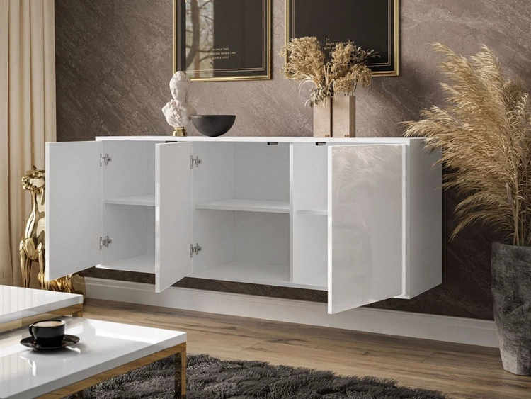Dreitürige Kommode 154 cm Glamour-Stil auf weißfarbenen Beinen Vivance Weißglanz