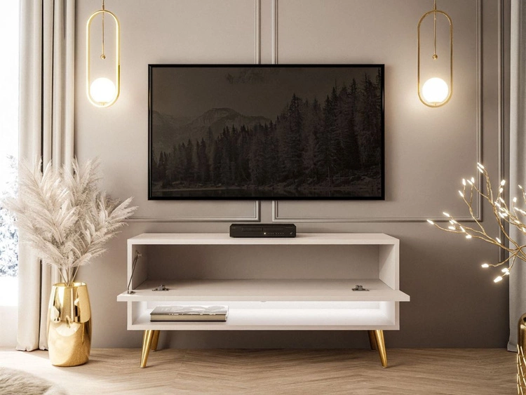 TV-Schrank 90 cm mit LED-Beleuchtung und goldenen Beinen Aurelie Kaschmir matt