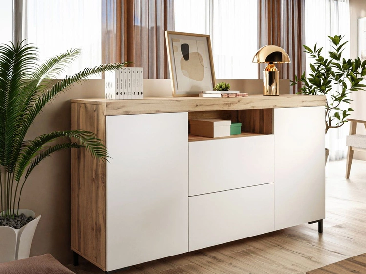 Wohnzimmer-Set – TV-Schrank und Kommode auf schwarzen Füßen Asumi Weiß und Eiche Wotan