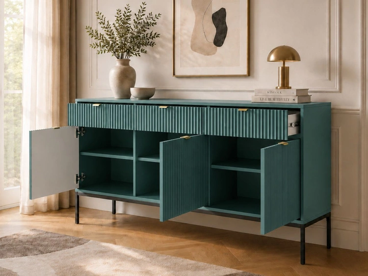 Kommode mit Türen und Schubladen Amber Grün, Schwarz Frame
