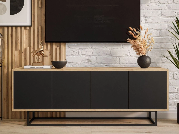 TV-Lowboard mit Türen auf schwarzem Gestell Vivance Schwarz und Artisan Eiche