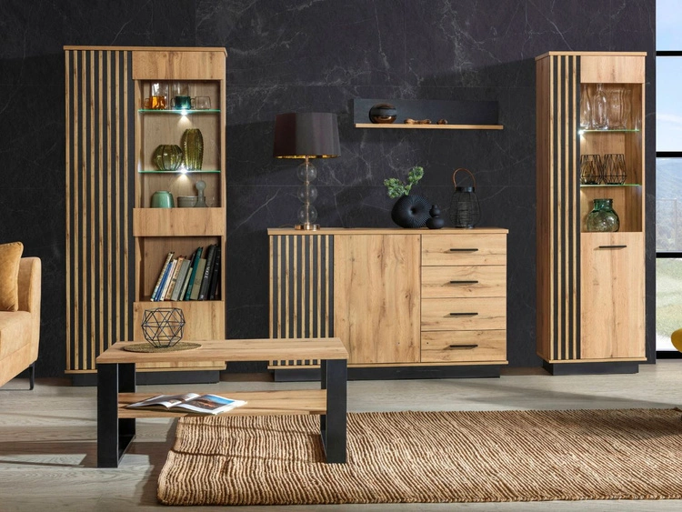 Langes Hängeregal 90 cm für das Wohnzimmer Lavore Wotan Eiche, Schwarz matt