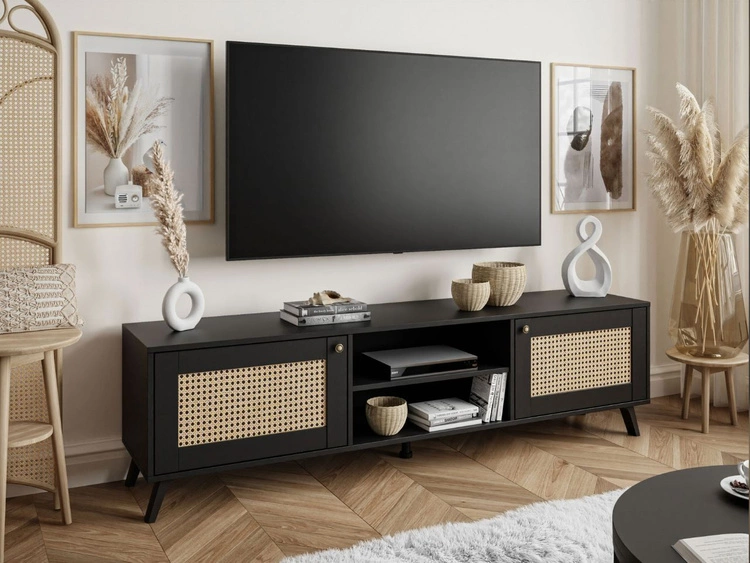 TV-Lowboard Boho mit zwei Türen und Front in Flechtoptik Bellance schwarz