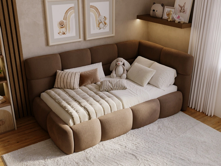 Gepolstertes Jugend-Einzelbett mit Bettkasten und Holzrost 90x200 Modo One Links Braun