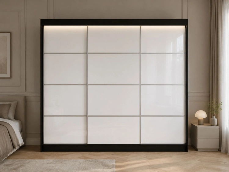 Schiebetürenschrank mit Sprossen 250 cm mit LED-Beleuchtung Ponti Schwarz, Weiß
