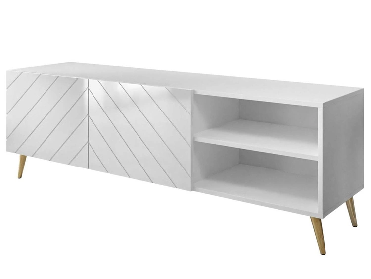 TV-Schrank mit gefrästen Fronten und goldenen Metallbeinen Vionel Weiß glänzend