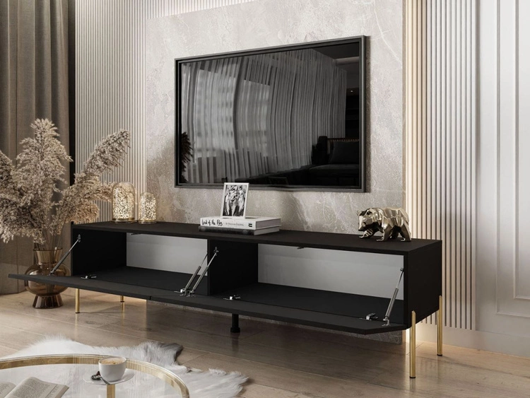TV-Lowboard mit Türen auf Goldenen Metallbeinen 175 cm Sorelle Schwarz Matt