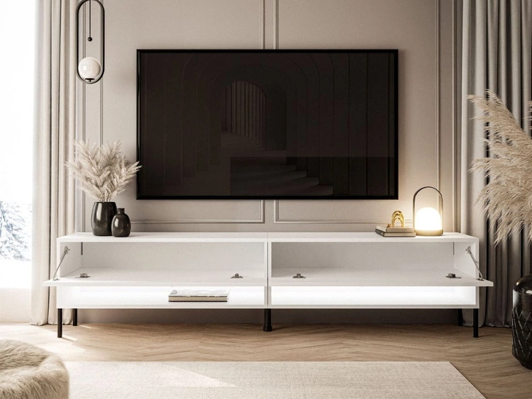 TV-Schrank für das Wohnzimmer 180 cm mit schwarzen Metallbeinen und LED-Beleuchtung Aurelie Weiß Hochglanz