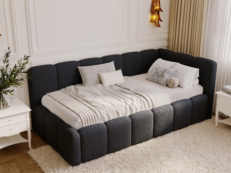 Jugendbett Einzelbett mit Bettkasten und Lattenrost 90x200 Cloud One Schwarz Bouclé-Stoff