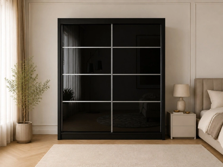 Schiebetürenschrank mit Sprossen 200 cm mit LED-Beleuchtung Ponti Schwarz