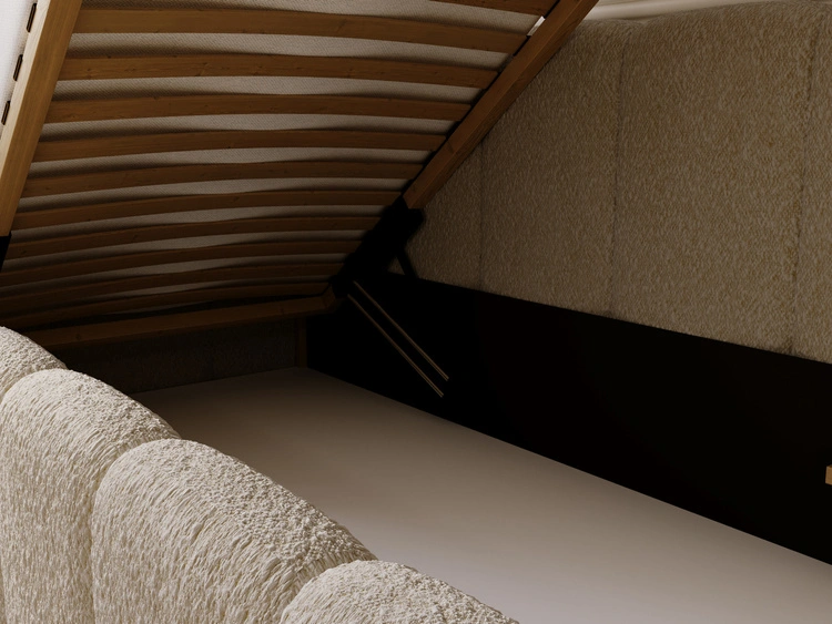 Jugendbett Einzelbett mit Bettkasten und Lattenrost 90x200 Cloud One Dunkelbeige Bouclé-Stoff