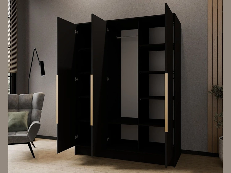 Kleiderschrank 150 cm Perugia Schwarz mit goldenen Griffen