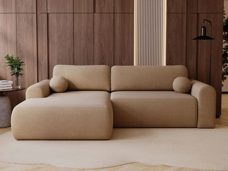 Ecksofa L-Form mit Schlaffunktion und Bettkasten Savana Links Bouclé-Stoff Hellbraun