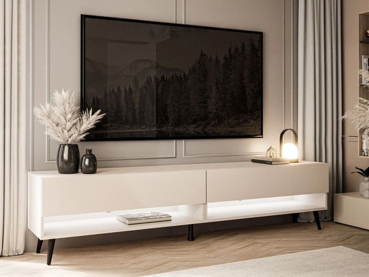 TV-Schrank für das Wohnzimmer 180 cm mit schwarzen Metallbeinen und LED-Beleuchtung Aurelie Kaschmir matt