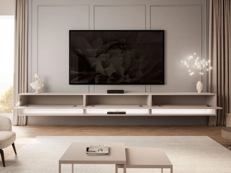 Hänge TV-Schrank 270 cm für Wohnzimmer mit LED-Beleuchtung Aurelie Kaschmir Hochglanz