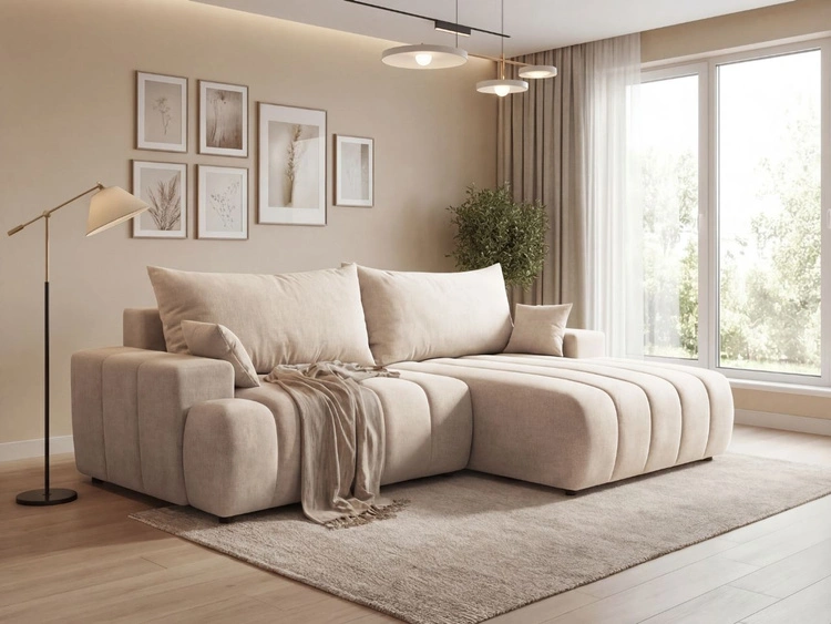 Ecksofa L-Form Rechts mit Schlaffunktion und Bettkasten Caleo Beige
