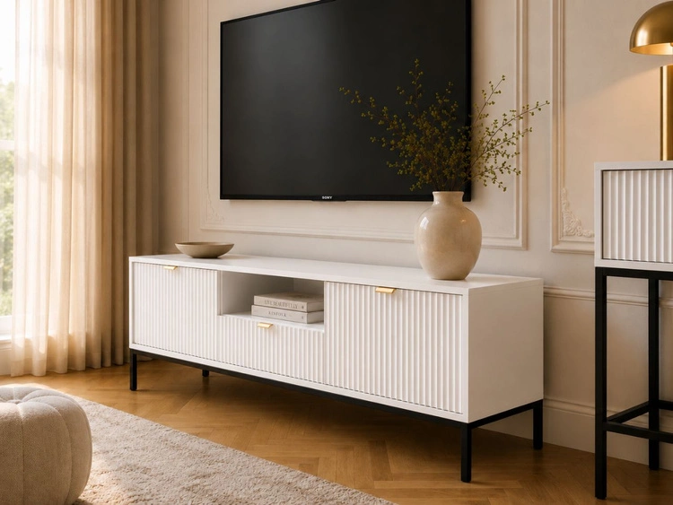 TV-Lowboard mit Schubladen und Türen Amber Weiß, Schwarz Frame