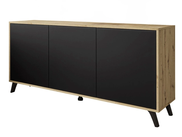 Dreitürige Kommode 154 cm im Loft-Stil mit schwarzen Beinen – Vivance, Schwarz matt & Eiche Artisan