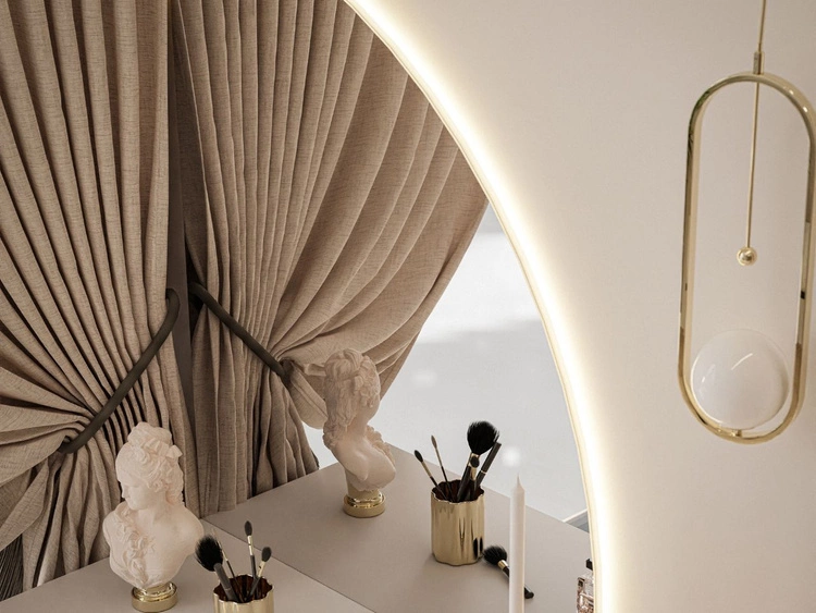 Kosmetiktisch rechtsseitig mit Schubladen und LED-Beleuchtung auf goldenen Beinen Clarette Weiß Hochglanz