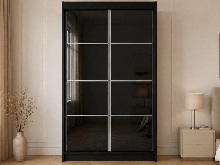 Schiebetürenschrank mit Sprossen 120 cm mit LED-Beleuchtung Ponti Schwarz