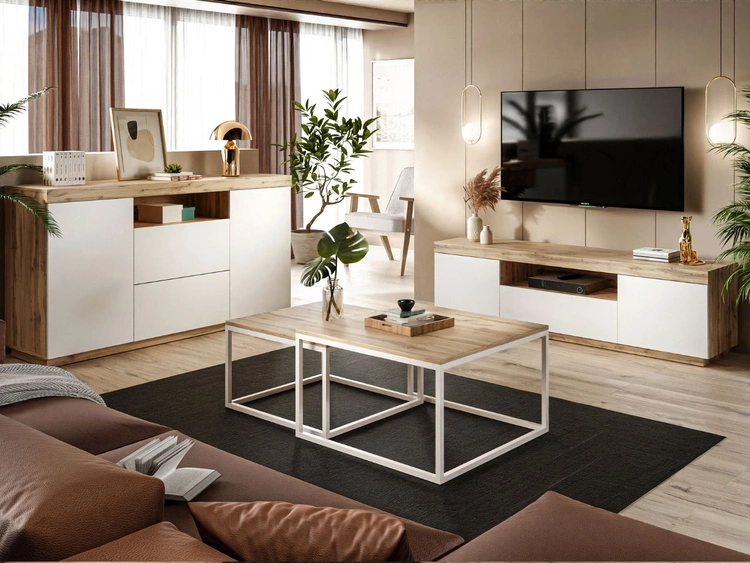 Zweittürige Kommode 164 cm im Loft-Stil Asumi Weiß matt und Eiche Wotan