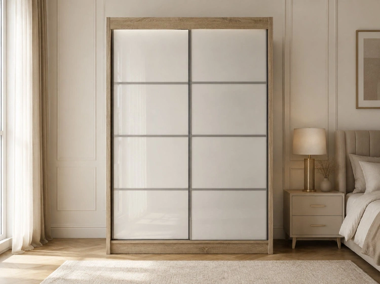 Schiebetürenschrank mit Sprossen 150 cm mit LED-Beleuchtung Ponti Eiche Sonoma, Weiß
