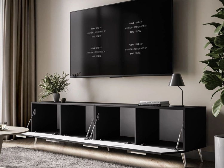 TV-Lowboard mit Türen und LED-Beleuchtung auf Silbernen Metallbeinen 200 cm Noaé Schwarz Hochglanz