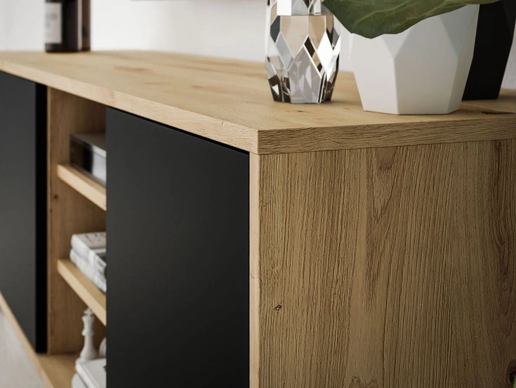 TV-Lowboard mit Türen und schwarzen Beinen Vivance Schwarz und Eiche Artisan