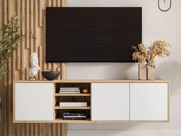 Hängendes TV-Lowboard mit Türen Vivance Weiß und Eiche Artisan