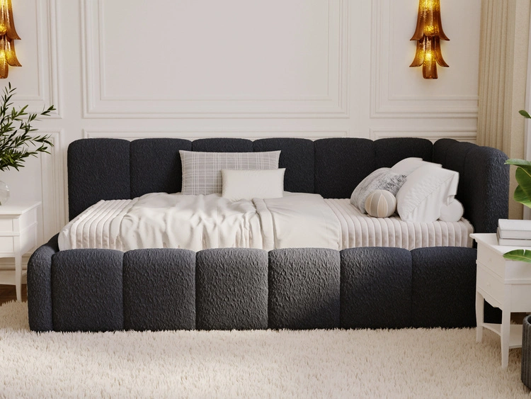 Jugendbett Einzelbett mit Bettkasten und Lattenrost 90x200 Cloud One Schwarz Bouclé-Stoff