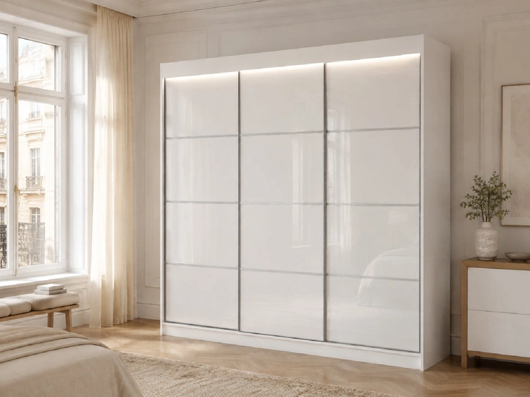 Schiebetürenschrank mit Sprossen 250 cm mit LED-Beleuchtung Ponti Weiß