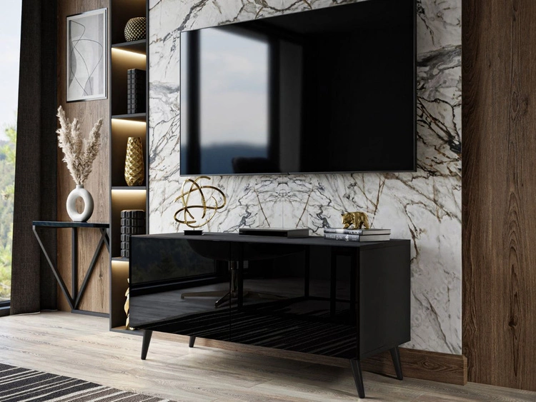 TV-Lowboard mit Türen auf Schwarzen Metallbeinen 100 cm Noaé Schwarz Hochglanz