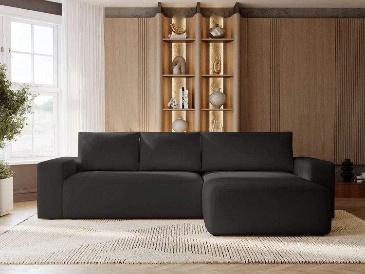 Ecksofa L-Form Rechts mit Schlaffunktion und Bettkasten Tazones Schwarz